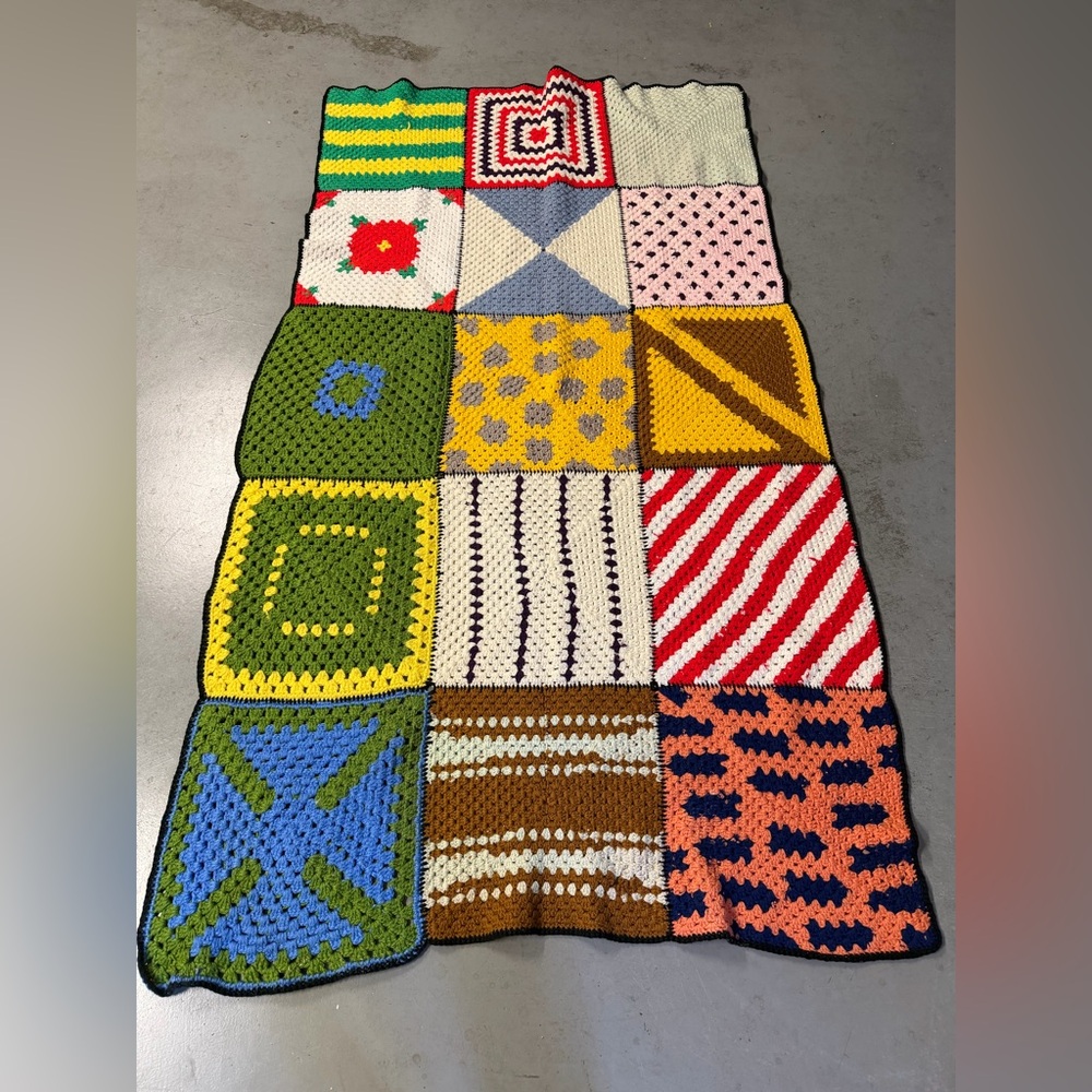 Colorful Patchwork Crochet Green and Yellow Blanket